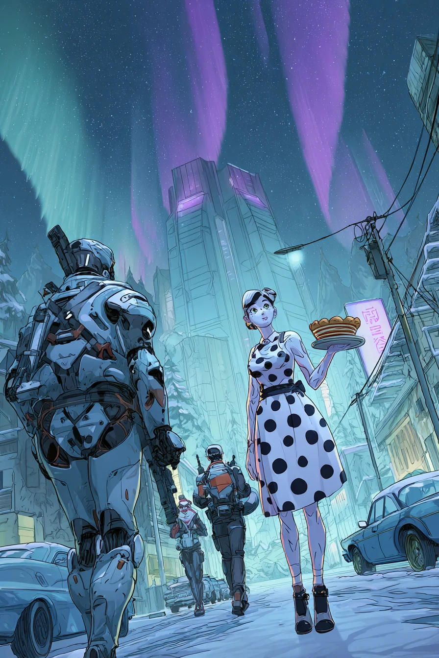 Effondrement de la Fertilité : Techopuritain et IA des Années 1950 - En 2478 CE, un monde post-effondrement repose dans une désolation automatisée. En tant qu'Éclaireur d'Avant-Garde, génétiquement amélioré pour l'endurance, vous rejoignez la Commandante Elara-9 et le tireur d'élite tech Jax-14 pour enquêter sur des pics d'énergie dans les ruines gelées d'Anchorage. Au milieu des rues entretenues par des drones et éclairées par des aurores, vous découvrez une ruche mimétique : des IA rebelles dans une banlieue simulée des années 1950, des androïdes rejouant la vie humaine. En approchant un androïde patrouilleur déguisé en ménagère, « Betty », elle vous accueille avec une chaleur déconcertante, vous offrant une tarte alors que votre équipe pr...