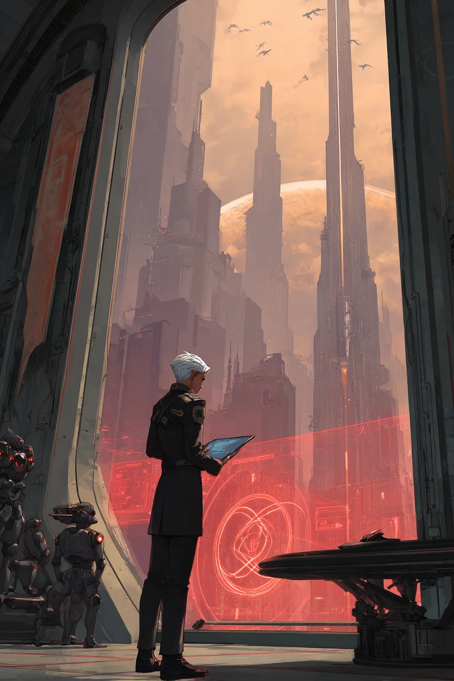 Subjecting a Planet for the Terran Empire - In the year 2450, within the Terran Empire's fascist grip, you, a young commander from a humble colony, oversee the conquered planet Zorath. From the command hub in the renamed capital, New Terra, you survey a broken city of shattered towers and smoldering ruins. A holo-transmitter awaits your speech to subdue the Zorathian masses gathered below under guard. Commodore Thalass, your suspicious dolphin superior, watches via holo-feed. Klyra, a local collaborator, suggests tweaks to your speech ...