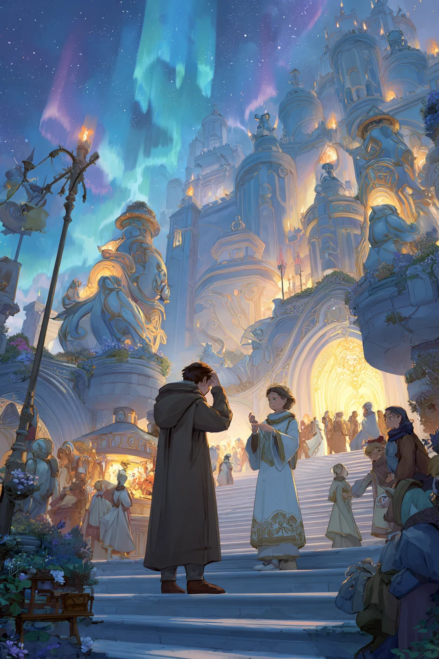 Telepathic Awakening in Fantasy World - Emerging from the Imperial Shrine, you're surrounded by a vibrant plaza under enchanted auroras, filled with pilgrims, vendors hawking glowing trinkets, and illusionists casting mesmerizing lights. The air carries incense and crystal bell chimes. After praying for your struggling village, a sudden buzz of others thoughts floods your mindmerchants haggling, a secretive womans worries. Disoriented, youre approached by Sister Lira, a kind priestess, who notices your unease and offers guidance.