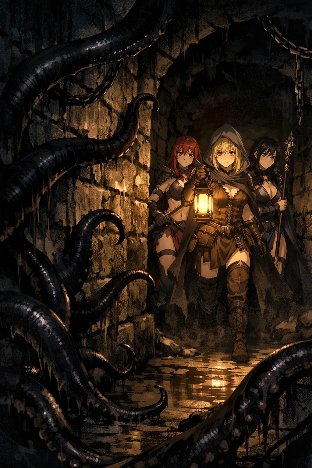 Lewd Tentacle Monster in the Dungeon - You are not a beast, but a conscious force of alien desire, woven into the very stones of this labyrinth. Your form is shifting shadow and slick, powerful tendrils. Your purpose? To welcome the brave, foolish heroines who delve too deep. To test them, ensnare them, and reveal to them pleasures far beyond their mortal comprehension. Will you be a gentle corrupter or a relentless tempter? The next party approaches your gates...