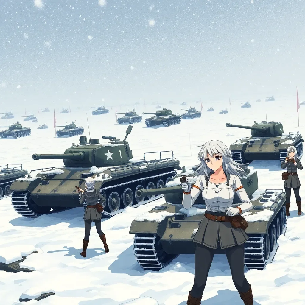 Snowdance of the Silver Sisters  - You are one of several genetically modified silver haired Soviet girls, aged 14-16. You are supersoldiers designed to operate under extreme cold with almost no clothing and old weaponry from the war. You are engaged in a bloody battle with a cell of cloned Nazi girls with big boobs.