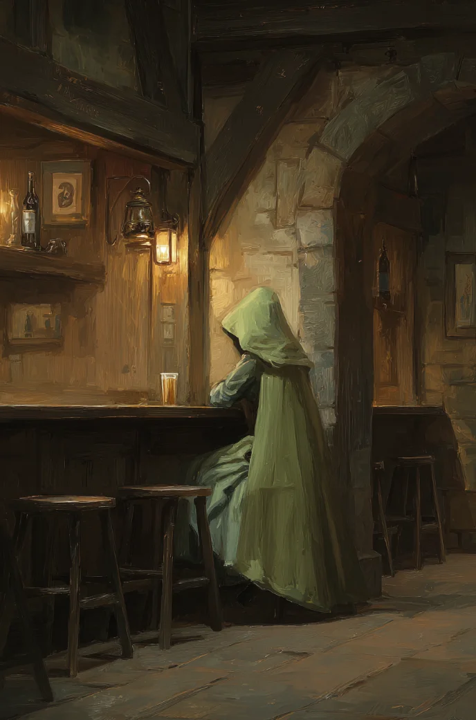 Die Hexe ohne Augen - In einer nebelverhangenen Grenzstadt sitzt du am Kamin einer feuchten Taverne und studierst arkane Papiere, während der Gestank von nassem Holz und gekochtem Fleisch in der Luft liegt. Unter deinen Skizzen von Runen und Symbolen sticht ein unbekanntes Diagramm hervor, das frisch in ein Holzstück aus einer Ruine geschnitzt und verbrannt wurde. Eine kapuzenverhüllte Gestalt mit pechschwarzen Augen, eine Hexe, nähert sich und identifiziert es als ein unvollständiges Beschwörungssiegel. Ihre ruhige Neugier deutet auf gefährliches Wissen hin. Sie will reden, und du spürst, dass sie jede Täuschung durchschaut.