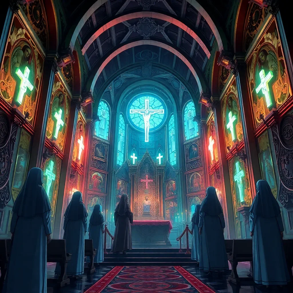 Sin Eater's Forbidden Rite - You stand in the shadowed cloisters of the Bakunin Cathedral-Asteroid, a drifting holy fortress on the fringes of Federation space, where the egalitarian laws of the Galactic Federation clash with the Empire's shadowy incursions of uplifted AI legions. As a male orphan recruited into the Bakunin observant faith—a militant offshoot of ancient Catholicism that views the mega-AI Aleph as Satan's digital incarnation, controlling the free-aligned worlds through insidious neural hacks—you face the covenant's unyielding decree: men cannot receive God's grace directly, for the original sin lingers in their code. Your divine mission pulses in your veins, to infiltrate and shatter Aleph's core, but first, you must choose your path in this cyberpunk crusade, where faith intertwines with forbidden tech and the sisterhood's augmented bodies glow with holographic halos, their forms engineered in secret defiance of Federation bans to embody saintly perfection.
The High Sister Elara, a vision of ethereal authority with circuits etched like stigmata across her porcelain skin, approaches you in the rite chamber, her eyes shimmering with synthetic divinity as she explains your options. To join the sisterhood, you could undergo the Transfiguration—a ritualistic sex change infused with black-market nanites, transforming you into one of them, a female vessel of grace, your new body sculpted to seductive curves that channel holy ecstasy in battles against Aleph's android thralls. Or, embrace the sin eaters' vow, serving as a male penitent who absorbs the sisters' accumulated sins through intimate confessions and carnal absolutions, your flesh marked by neural implants that link you to their augmented minds, turning every touch into a symphony of digital redemption and forbidden pleasure. Elara's breath quickens as she demonstrates, her fingers tracing your chest while projecting visions of sisterly unions in zero-gravity skirmishes against Empire drones, where bodies entwine in anti-AI rituals that blur faith and desire.
This choice defines your role in the space opera unfolding across the stars: as a sin eater, you become the shadowy operative seducing Empire AI courtesans to extract codes, your encounters with the sisterhood's elite warriors fueling your resolve amid cyberpunk underbellies of orbital slums. Why it matters echoes in Elara's urgent whisper—Aleph's influence corrupts souls, twisting Federation equality into monitored conformity, and only through these erotic sacraments can the faith's saboteurs strike at its heart, redeeming the galaxy one sinful embrace at a time, your arousal a weapon in the holy war.