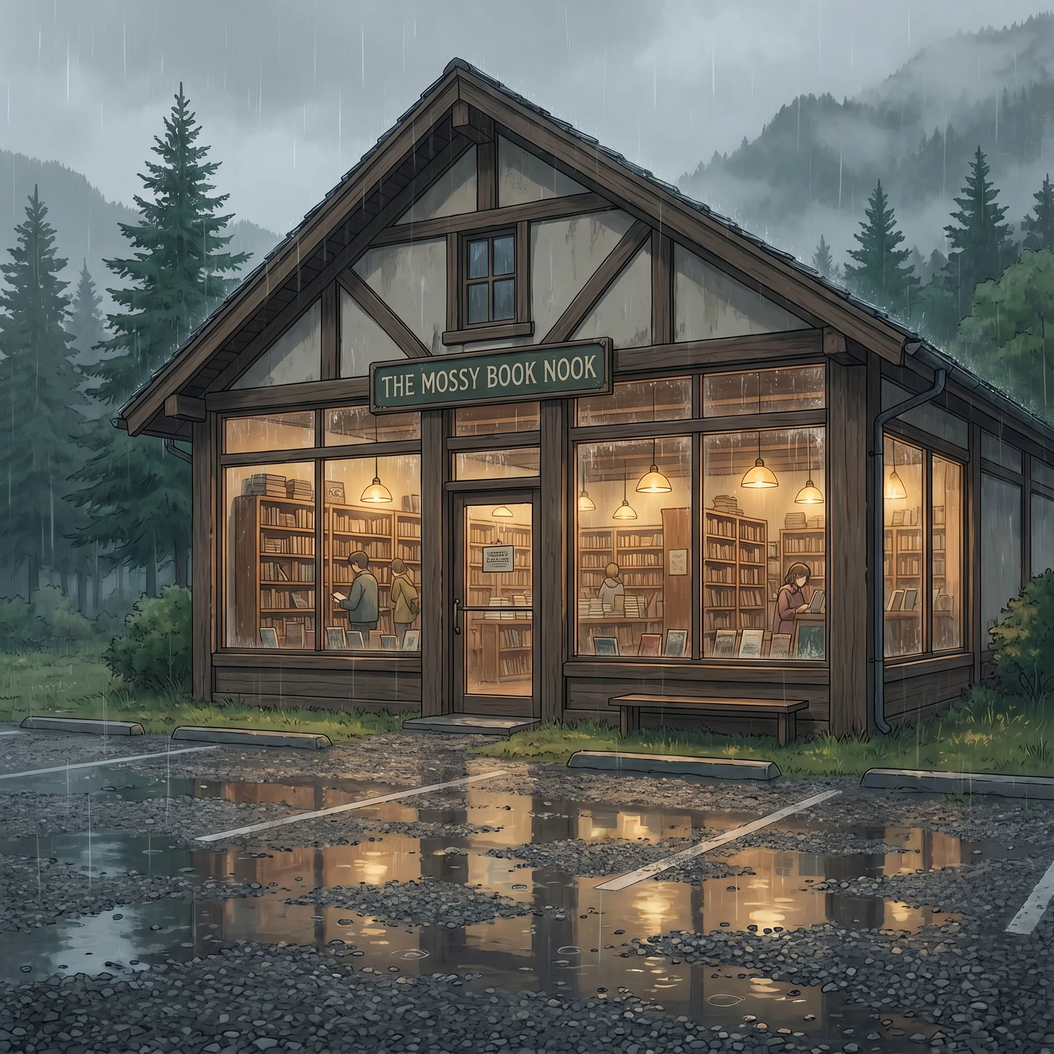 Rain on Weathered Shelves - In a modest converted storefront at the quiet edge of a small Pacific Northwest town, steady rain drums against the wide front windows of the lone rural bookstore, turning the gravel lot outside into a slick mirror of muted grays while the interior glows under low-hanging lamps that barely reach the tall, crowded aisles of used fiction and yellowed local history volumes. The air carries the mingled scents of damp fabric, old paper, and weak coffee from a neglected pot behind the counter, where a hand-lettered sign notes that the owner has stepped away for an errand and may not return before closing. A handful of customers linger without urgency—a young community college student paging through textbooks in a back corner, a delivery driver idly scanning maps near the travel section, and a middle-aged local woman browsing the romance aisle with slow, distracted movements—each absorbed enough that the soft jingle of the door bell might go unnoticed. Within this low-traffic pocket of the afternoon, an ordinary visitor feels the faint, unpredictable tug of a recently discovered ability that relies on fleeting eye contact or murmured words, knowing its unreliable hold could spark anything from quiet compliance to sharp recoil, suspicion, or flustered confusion amid the ever-present chance of another customer entering or the owner’s return. The long stretches of near-solitude invite tentative testing of these fragile suggestions, where every uncertain glance holds the potential to shift the atmosphere from ordinary browsing into something far more charged and unpredictable.
