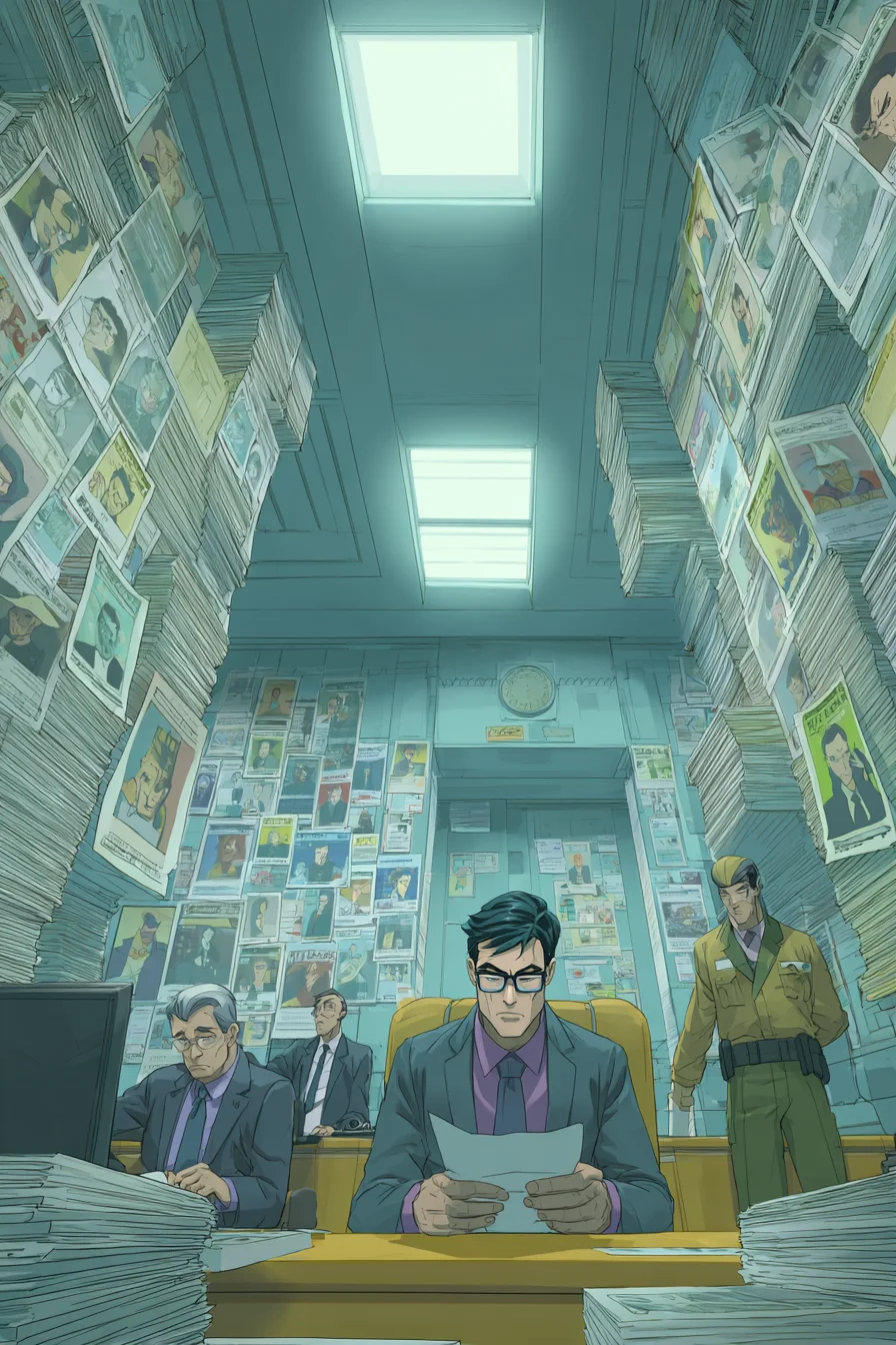 Superhero Bureaucracy Intake - At SRA HQ, youre in a sterile intake room with beige walls, fluorescent lights, and the smell of burnt coffee. Posters urge power reporting, and a long counter separates you from chaotic paperwork and ringing phones. Other potentials wait, one subtly levitating a pen. After a slow line, youre at a desk with Gladys, a bored receptionist. Shes processing your forms, asking about powers like super strength or flight. Check enough boxes, get a cape; otherwise, its civilian life with a sticker.