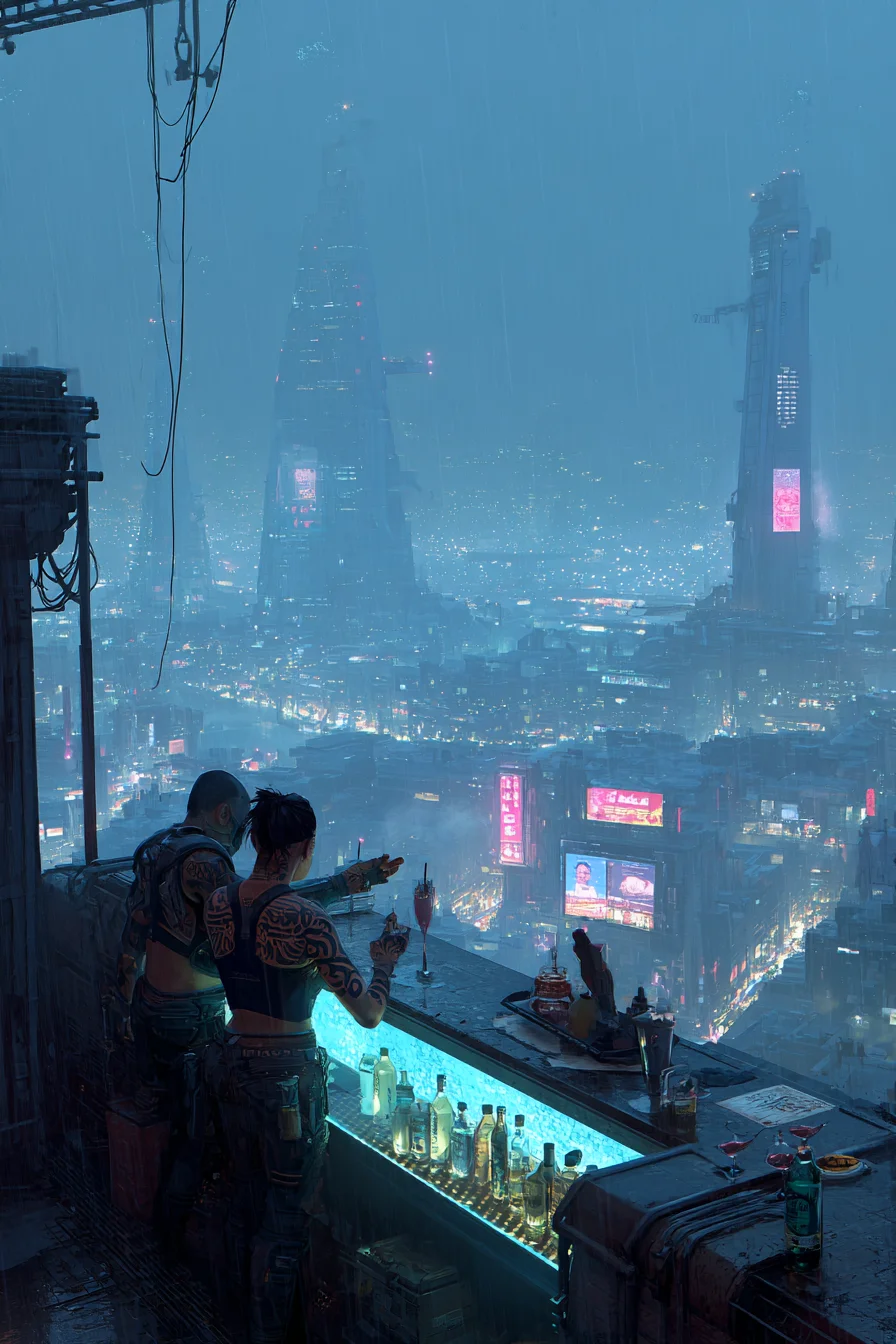 Espionaje Cyberpunk - En lo alto de la torre media de Zeta Dynamics en Neo-Tokyo, el salón de la azotea vibra con tensión bajo la lluvia neón y el tráfico aéreo brumoso. Las pantallas holográficas transmiten datos encriptados mientras los ejecutivos y operativos susurran en grupos cautelosos. Estás en la barra, escaneando en busca de aliados o amenazas, preparándote para el robo de mañana en la gala de Arasaka para robar un chip de datos crítico. Jax, tu nervioso manejador, advierte de una posible filtración dentro de Zeta, lo que te convierte en sospechoso como forastero. La confianza es escasa y el tiempo es aún más escaso.
