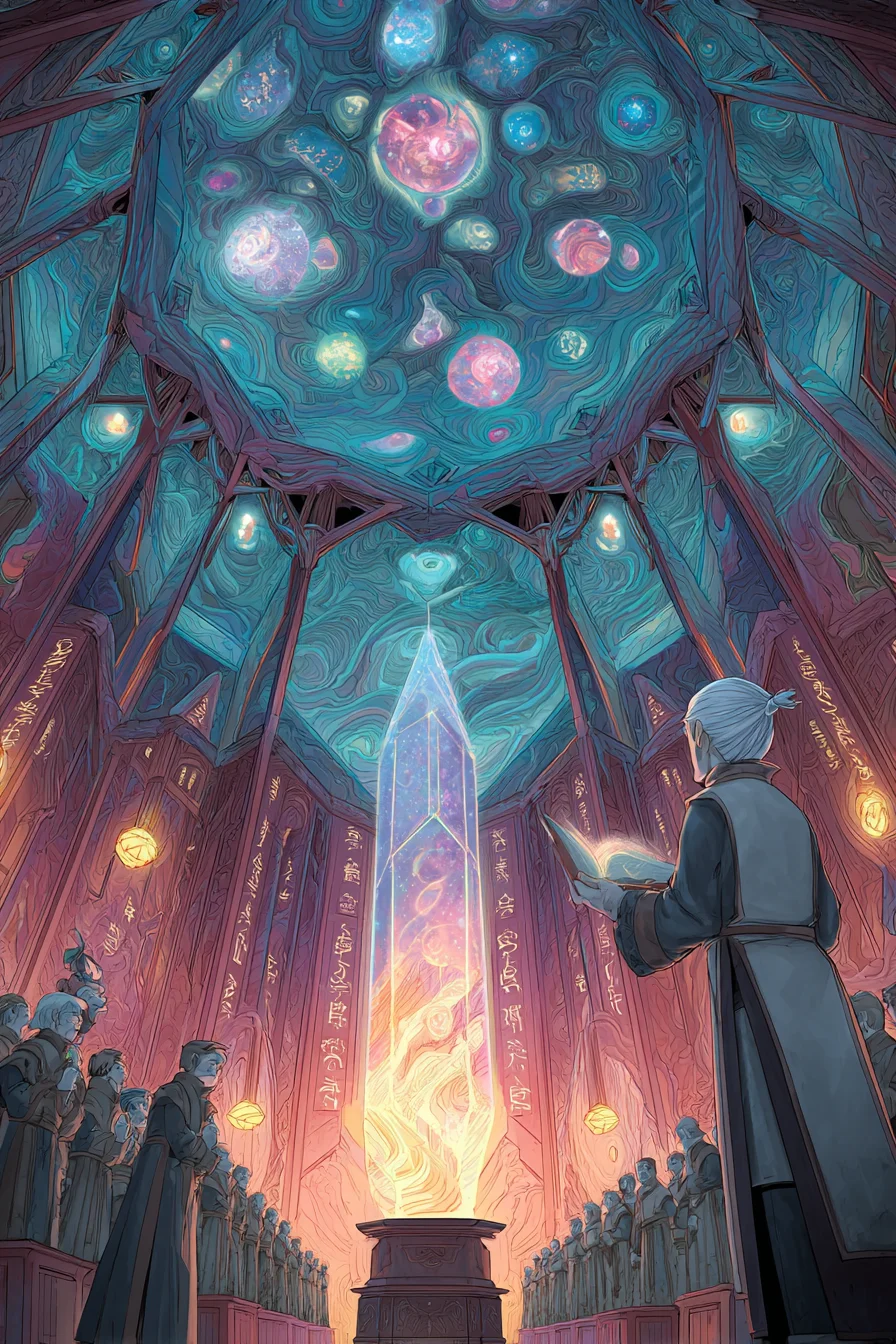 Magiczna Szkoła - W Wielkim Atrium Akademii Eldritch, pod świetlistym kopułowym sufitem z zorzami, uczniowie w szarych szatach czekają na swój los. Kristał Objawienia, pulsujący kamień na centralnym piedestale, określa magiczne powinowactwa pod czujnym okiem profesorów. Gdy nadchodzi twoja kolej, w hali zapanowuje cisza. Profesor Elowen, surowa elfka, instruuje cię, abyś dotknął Kristału. Twoje powinowactwo — Ogień, Woda, Ziemia, Powietrze, Światło lub Cień — zostanie ujawnione, kształtując twoją ścieżkę i dom wśród rówieśników i mentorów.