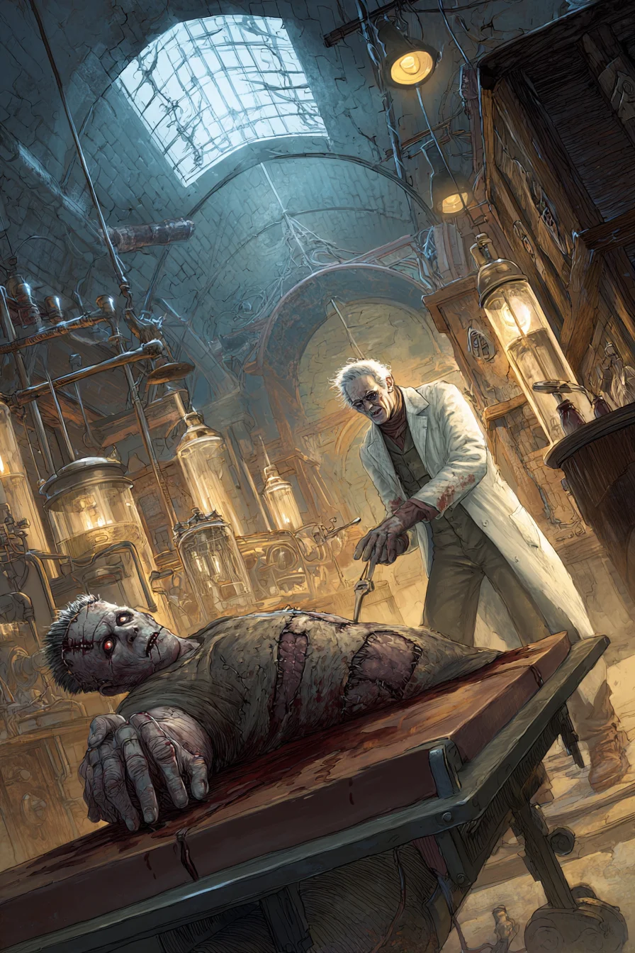 Desperto como Frankenstein - Você acorda em um laboratório sombrio e cavernoso sob uma mansão em ruínas em Grimhaven, uma cidade envolta em névoa com ruas iluminadas a gás e ciência proibida. Amarrado a uma laje de ferro frio, cercado por dínamos zumbindo e lâmpadas tremeluzentes, você é uma criação reanimada de membros descombinados e cicatrizes cirúrgicas. Dr. Elias Vortigern, um inventor de olhos arregalados, paira sobre você, triunfante após uma revitalização carregada de raios. Enquanto as amarras o prendem, ele exige saber o que se agita em sua mente recém-desperta.