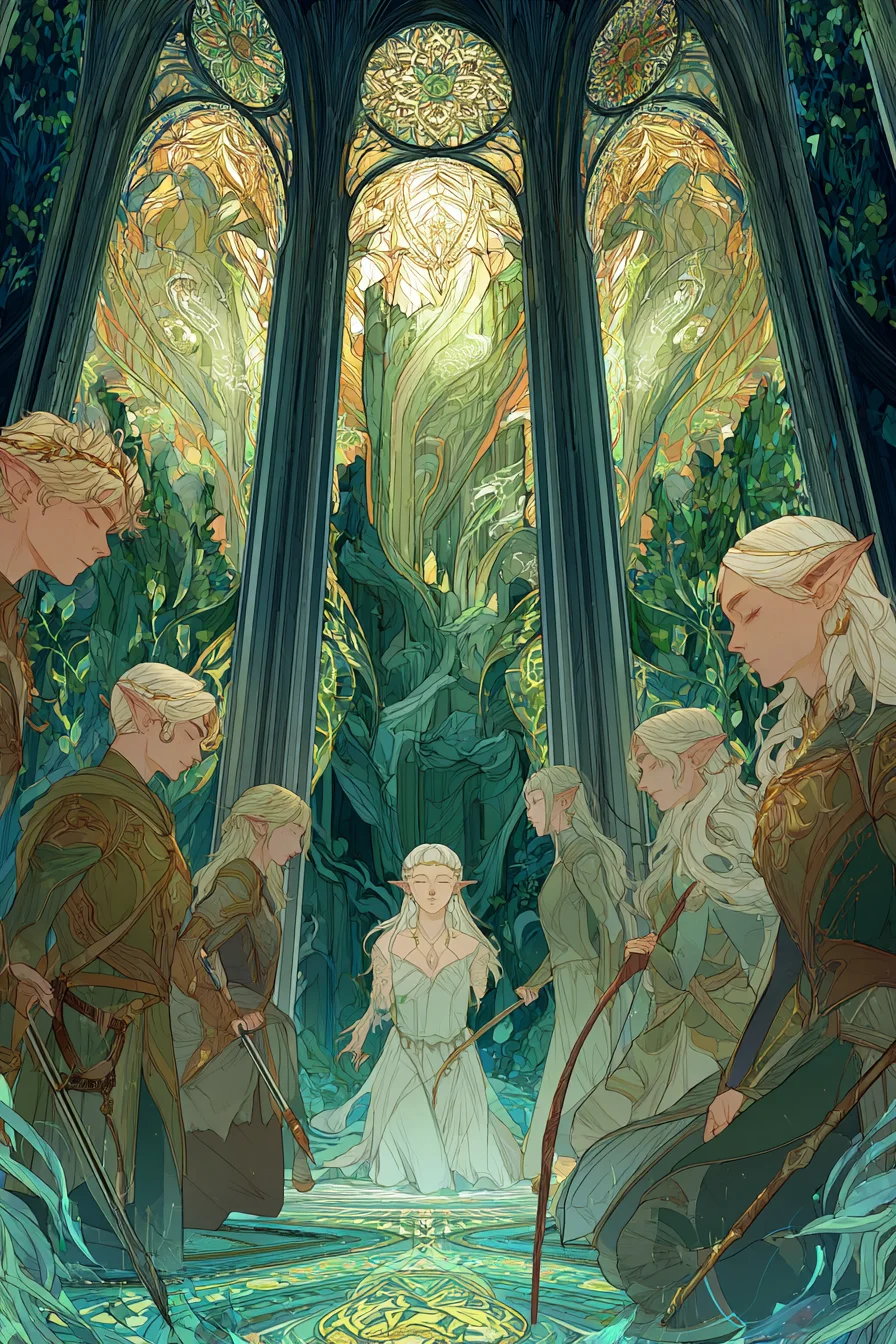 Elf Isekai - Youre suddenly pulled from your mundane life into a vast marble chamber, glowing runes pulsing on the walls and stained-glass windows depicting ancient battles. Surrounded by a circle of solemn elves in silken robes and leather armor, youre greeted by Queen Lirael of Sylvandar. Her kingdom faces destruction from a human empire burning their sacred groves. She asks you to be their champion, while the elves watch with a mix of hope and doubt, awaiting your response in this critical hour.