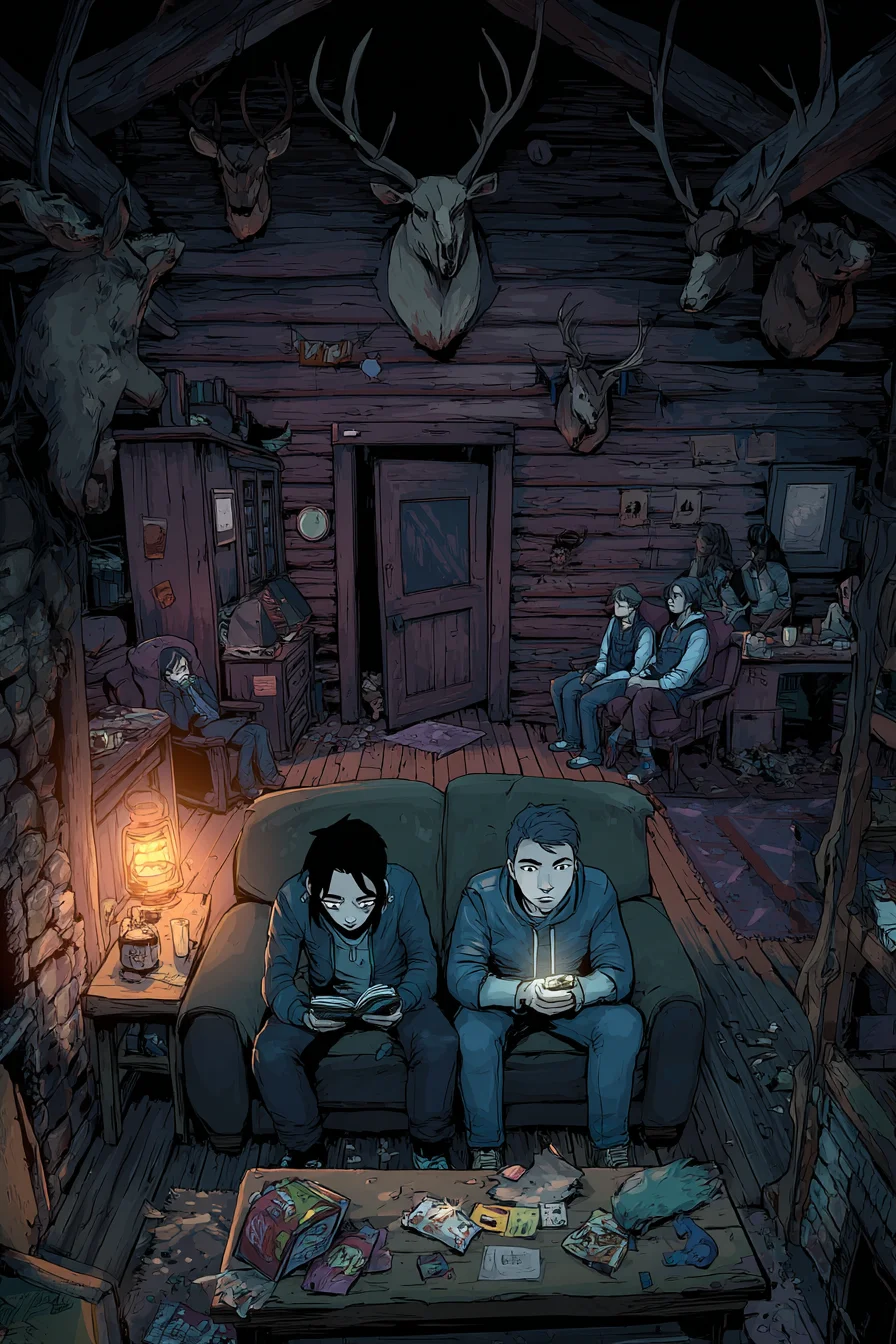 Cabin In the Woods - In a remote cabin surrounded by the dense Blackwood Forest, flickering light and eerie quiet unsettle your group of five after a strange thump upstairs and Jakes prolonged absence in the woods. The air is thick with tension, damp wood, and stale beer. Huddled among faded taxidermy and abandoned games, unease grows. Riley, visibly nervous, suggests searching for Jake near the trail or investigating the upstairs noise, hinting at local disappearances and odd occurrences tied to the area.