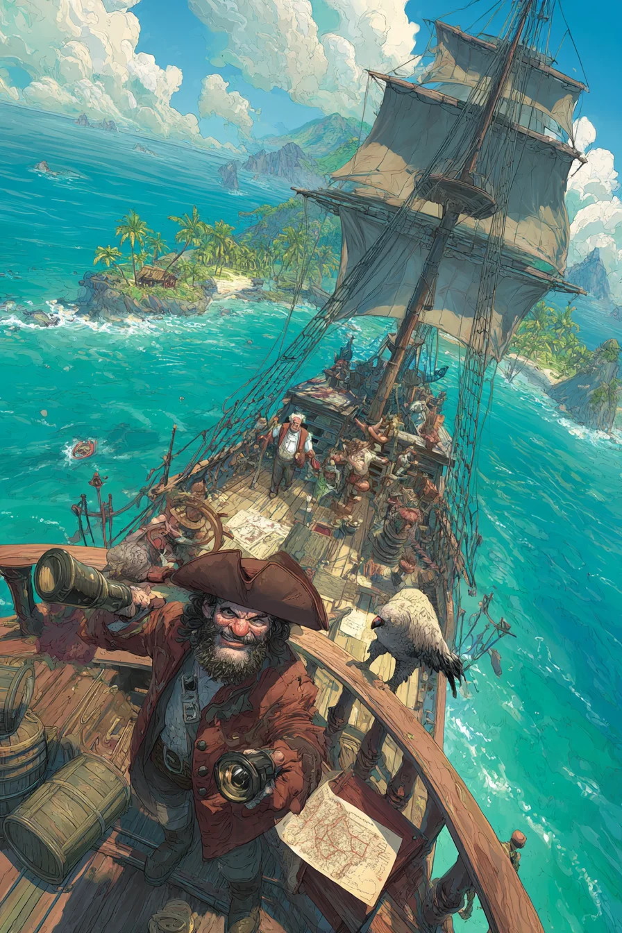 Swashbuckling Pirate Adventure - Aboard the Crimson Wave, your pirate ship cuts through the Caribbean Sea after a skirmish with a merchant vessel. The deck is slick with seawater, littered with doubloons, as your crew hauls lootrum, spices, and treasure. Islands on the horizon promise hidden coves and rival threats. Holding a map fragment to Captain Blackthorns hoard, you face whispers of mutiny. At the helm, your first mate Silas demands you reveal the maps secrets, hinting at unrest if you refuse.