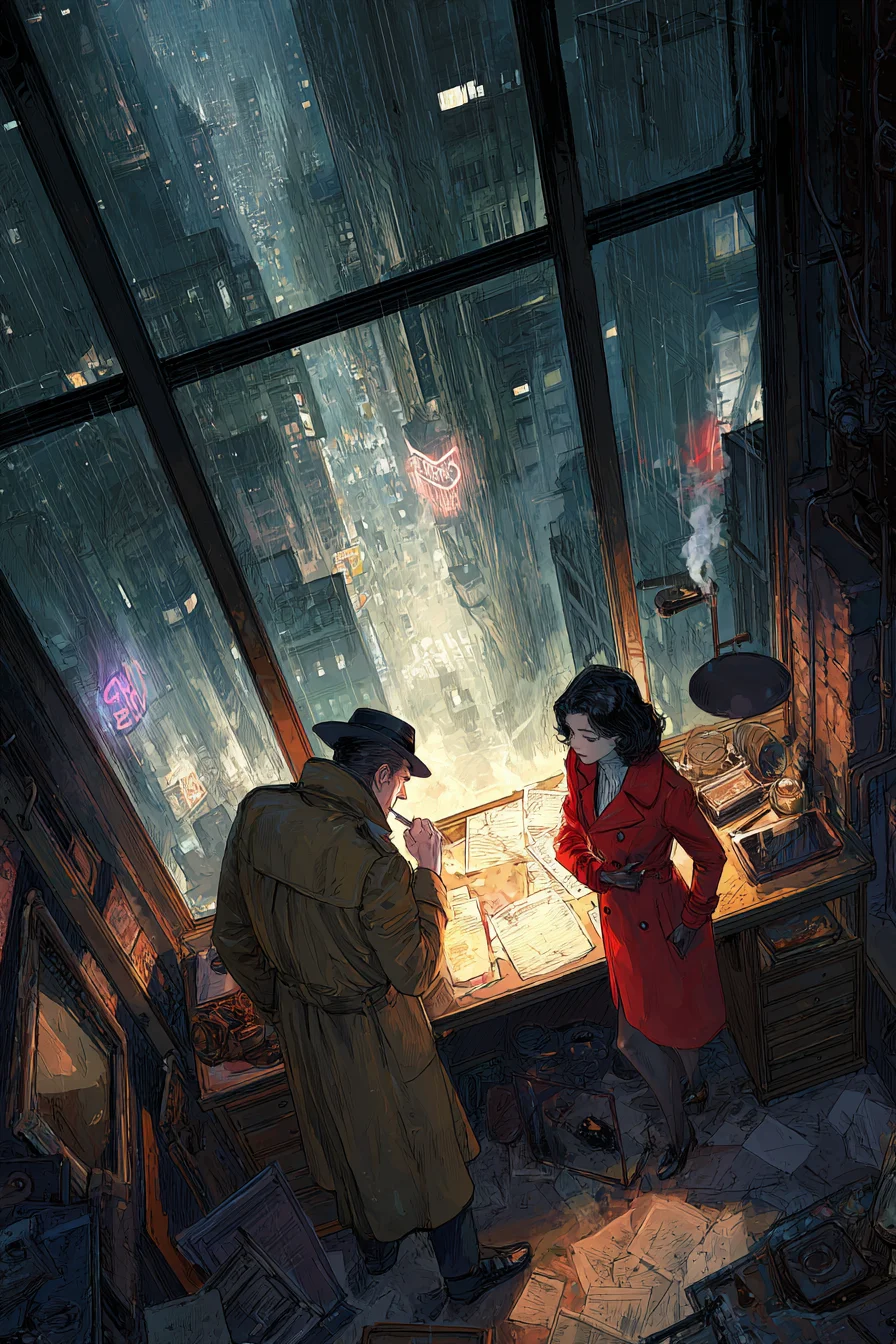 Tajemnica Detektywa Noir - W ponurych latach czterdziestych w Chicago, deszcz zalewa neonowo oświetlone ulice, gdy ty, zatwardziały detektyw, siedzisz w swoim zatłoczonym biurze. Późną nocą do biura wbiega kobieta w czerwonym płaszczu, szukająca pomocy. Jej siostra zniknęła po tym, jak widziano ją w Sapphire Lounge z niebezpiecznym pośrednikiem. Podaje ci zdjęcie i tajemniczą notatkę wspominającą o 'syndykacie cienia'. Policja odrzuca sprawę, więc twoim zadaniem jest odkrycie prawdy, nawigowanie przez podejrzane kluby, ciemne zaułki i ukryte spiski.