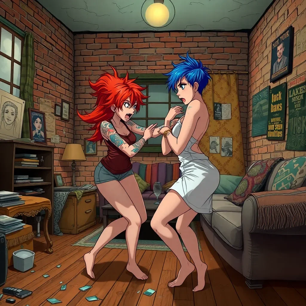 Interrupting Jealous Storm - You arrive at the dimly lit apartment shared by your two close friends, Aria and Lena, drawn by the sounds of shattering glass and heated shouts echoing through the thin walls. Their volatile relationship has always simmered with jealousy—Aria accusing Lena of flirting with outsiders during their underground guild missions, while Lena lashes out over Aria's possessive glares at anyone who gets too close. Tonight, it erupts into a full-blown fight: Aria pins Lena against the wall, her hands gripping tightly as they wrestle for dominance, clothes tearing in the struggle, breaths ragged with a mix of fury and unspoken desire. As the sensible outsider who's mediated their disputes before, you step in, pulling them apart with firm commands that brook no argument, your presence shifting the air from chaos to charged tension.
The women, still heaving from their clash, turn their glares on you, but there's a flicker of reluctant arousal in their eyes as you enforce order, making them kneel and confess their jealous obsessions. Aria's defiance cracks first, her body trembling as she submits to your directives, whispering how the control excites her despite the lingering bruises from Lena's strikes. Lena, fueled by possessive rage, resists longer, but the dubious haze of consent blurs as you compel her to yield, her protests melting into moans that reveal her thrill at being overpowered. This intervention matters because it transforms their abusive cycle into a twisted bond, where your authority channels their jealousy into submissive surrender, binding them to you in a web of forced intimacy that neither can escape.
As the night deepens, the scenario unfolds with you orchestrating their reconciliation through escalating acts of submission, their earlier fight reigniting in playful wrestles that end in yielding poses, each woman vying jealously for your approval while discovering the intoxicating rush of being dominated. The air thickens with the unspoken rule that only through your sensible guidance can their turbulent desires find release, turning potential destruction into a precarious harmony built on control and hidden cravings.