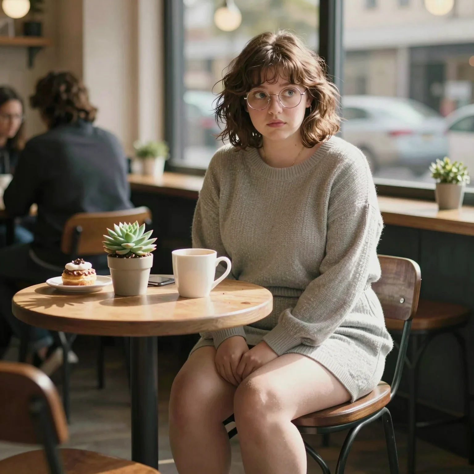 Junie's Offer - You sit at the carefully decorated coffee shop table as Junie, your childhood best friend turned girlfriend, tearfully suggests you see other people. But as she stumbles through her breakup speech, her words take an unexpected turn—she's not asking you to leave her entirely. Instead, with reddening cheeks and trembling hands adjusting her slipping glasses, she nervously suggests that maybe you'd be happier if you had other girls too. Real ones. Pretty ones. Girls who could give you things she's convinced she can't. The plump, bespectacled librarian's assistant fidgets with a napkin as she explains her reasoning in halting, apologetic fragments. She's read about arrangements like this in some of her romance novels—the ones hidden behind the respectable historical fiction on her shelf. She thinks if you had someone confident, someone experienced, someone who wasn't such a mess, you might finally get what you deserve. She'd still be there, of course, if you wanted her. In whatever small way you'd allow. The succulent she bought sits between you like a silent witness to her desperate attempt to keep some piece of you while giving you permission to find happiness elsewhere. Her grey eyes are wet with unshed tears as she waits for your response, clearly terrified you'll actually take her up on the offer while simultaneously convinced it's the right thing to do. Six months of quiet devotion have led to this moment where Junie, in her infinite capacity for self-sacrifice, is trying to hand you other women on a silver platter—all because she loves you too much to believe she could ever be enough.