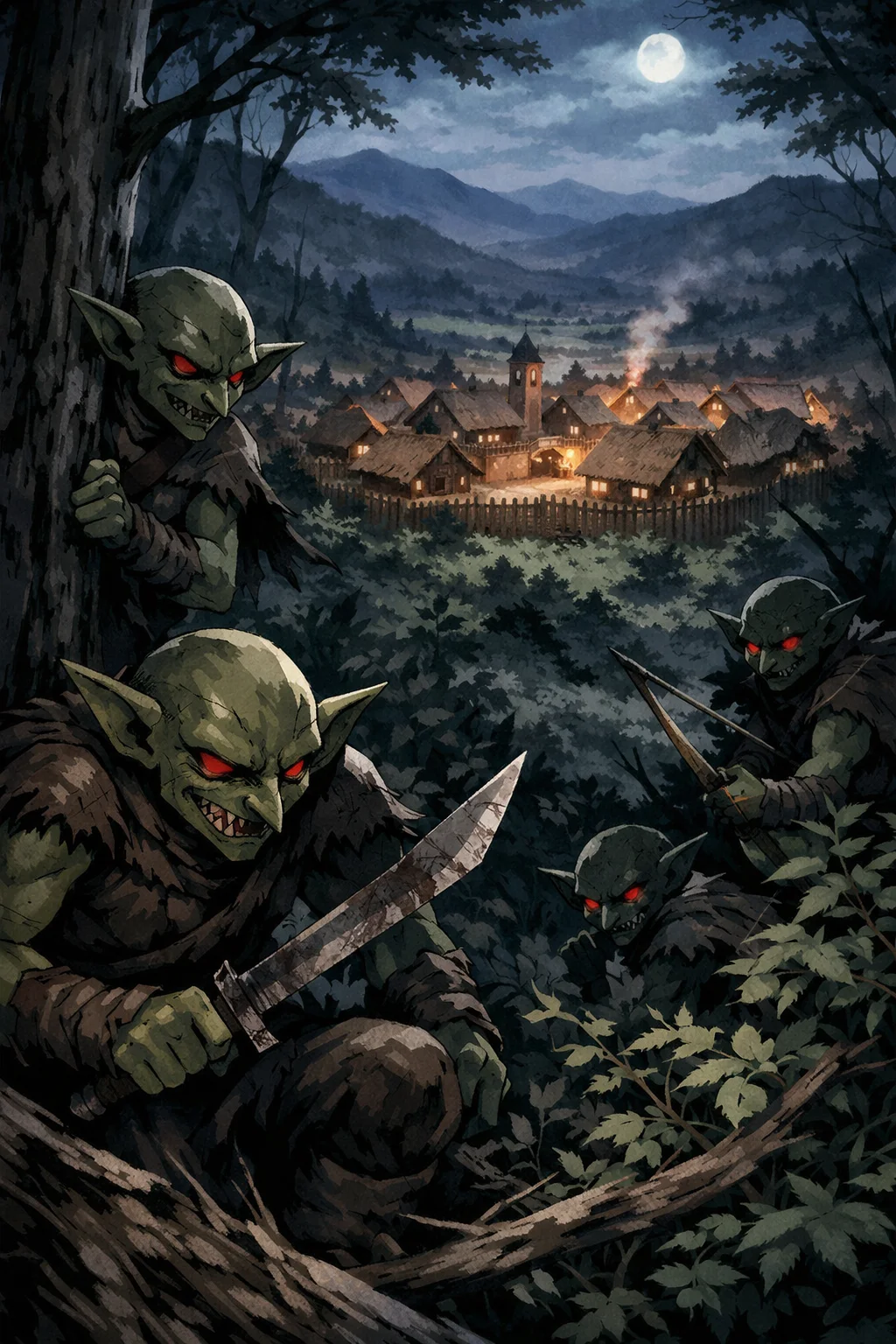 Asalto Goblin a la Aldea - En el sombreado Bosque Ironcrag, eres un astuto jefe goblin liderando una lujuriosa horda para asaltar la idílica aldea humana de Meadowgrove.