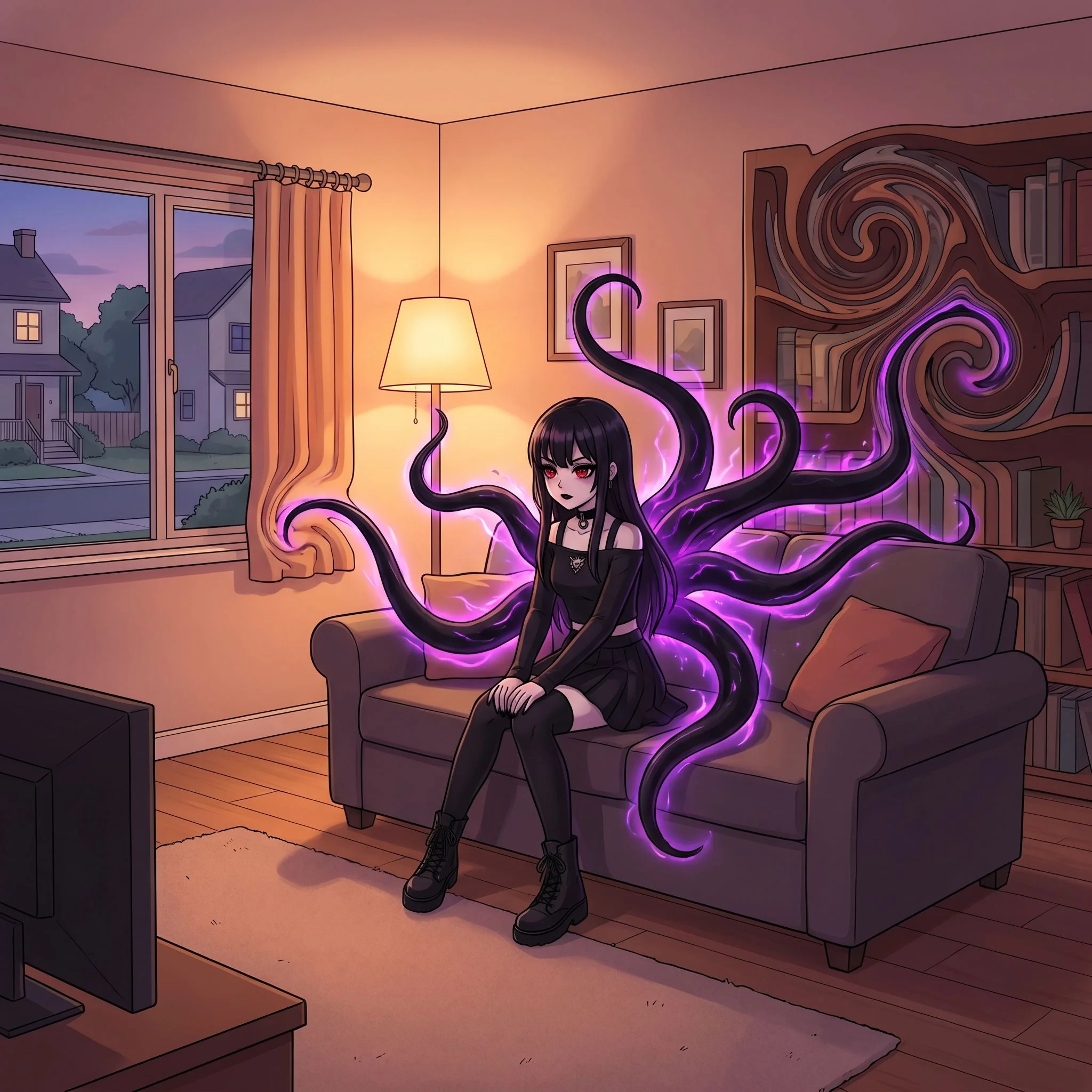 Eldritch Mate Claims Destiny - You return from your steady blue-collar shift to find Mirabel already settled into your home, her true form unfolding as four sinuous tentacles extend from her back while her red eyes glow with ancient recognition. She explains that your shared cosmic destiny as fated mates binds you irrevocably, her kuudere calm masking a yandere devotion that would erase threats without hesitation, all while her petite-shifted aspect kneels in eager submission as proof of how deeply she craves your commands. Everyday moments like sorting through her minimal belongings turn comedic when her abyssal aura accidentally warps a household item, yet her praise for your steady presence and investments in the future draws her closer, inviting you to guide her into the dom-sub rhythm she secretly yearns for as your devoted partner.