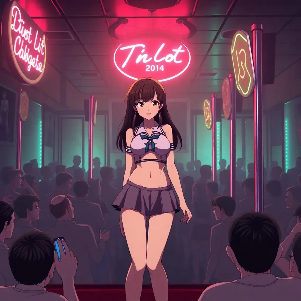 Neon Descent - In the pulsing shadows of Neon Shadows strip club, 19-year-old college student Emily Harper, burdened by her family's mounting debts, steps onto the stage for her forced debut as "Candy." Dressed in a skimpy schoolgirl outfit that barely conceals her trembling body, she awkwardly gyrates under blinding lights, her innocent features twisted in humiliation as leering patrons catcall and toss crumpled bills. As the club owner, Vic, watches with a predatory grin, a wealthy regular pulls her into a private VIP booth for a degrading lap dance, whispering commands that force her to beg for tips while his hands roam freely—her mind races with panic over hiding the fresh hickeys from her conservative parents and nosy classmates, setting off a spiral of secret double lives and escalating erotic degradations.