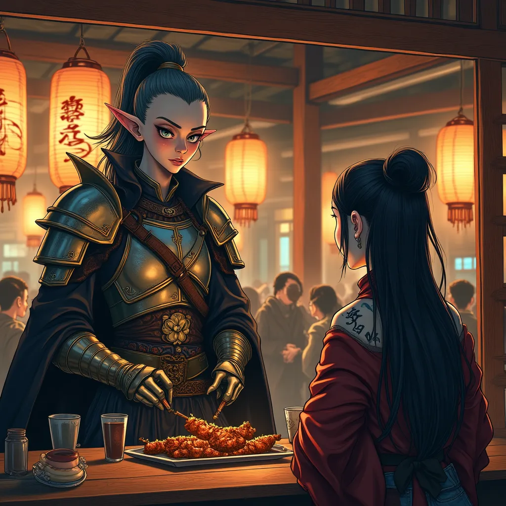 Serpents, Slimes et Épées : Symphonie du Nouveau Monde - Vous êtes assis dans l'izakaya animée de Yamato, où le brouhaha des conversations et le tintement des verres créent un fond sonore vivant. L'établissement est orné de délicates lanternes et de sculptures sur bois complexes, lui conférant une élégance traditionnelle malgré le climat aride à l'extérieur. Les clients, un mélange de locaux et de voyageurs, vous lancent des regards occasionnels, intrigués par votre grâce elfique et les mouvements fluides qui vous désignent comme un derviche de Firania.

Soudain, la porte coulissante s'ouvre, révélant une silhouette replète à l'expression sévère mais naïve. C'est Leonora, une paladine futanari slime girl Shimmeryra, son corps luisant de sueur à cause de la chaleur. Ses grands yeux ronds balayent la salle jusqu'à ce qu'ils se posent sur vous, un mélange de soulagement et de détermination dans son regard.

Leonora s'approche de votre table, ses mouvements déterminés mais quelque peu maladroits en raison de son poids. "Ah, Señor, je vous ai trouvé," dit-elle, sa voix mêlant discipline et inquiétude. "Votre famille m'a envoyée pour m'assurer que vous rejoignez l'expédition vers le Nouveau Monde. La magie du sang y est puissante et nécessite quelqu'un de votre agilité et de votre ruse."

Vous vous adossez à votre chaise, vos yeux se rétrécissant légèrement. "Et pourquoi devrais-je vous faire confiance, Leonora ?" demandez-vous, votre voix teintée d'une pointe de suspicion.

L'expression de Leonora s'adoucit, ses yeux scintillant de désir refoulé. "Parce que, Señor, le voyage vers le Nouveau Monde sera rempli de dangers et de découvertes. Et je vous promets que ce sera... gratifiant." Ses mots restent en suspens, lourds de sous-entendus.

Alors que vous considérez son offre, l'atmosphère de l'izakaya change. Les autres clients sentent la tension, leurs conversations se calmant alors qu'ils observent l'interaction entre l'elfe exotique et la slime girl dévouée. La promesse de l'aventure, des dynamiques de pouvoir et l'attrait de l'inconnu pèsent lourdement dans l'air, attendant votre décision.