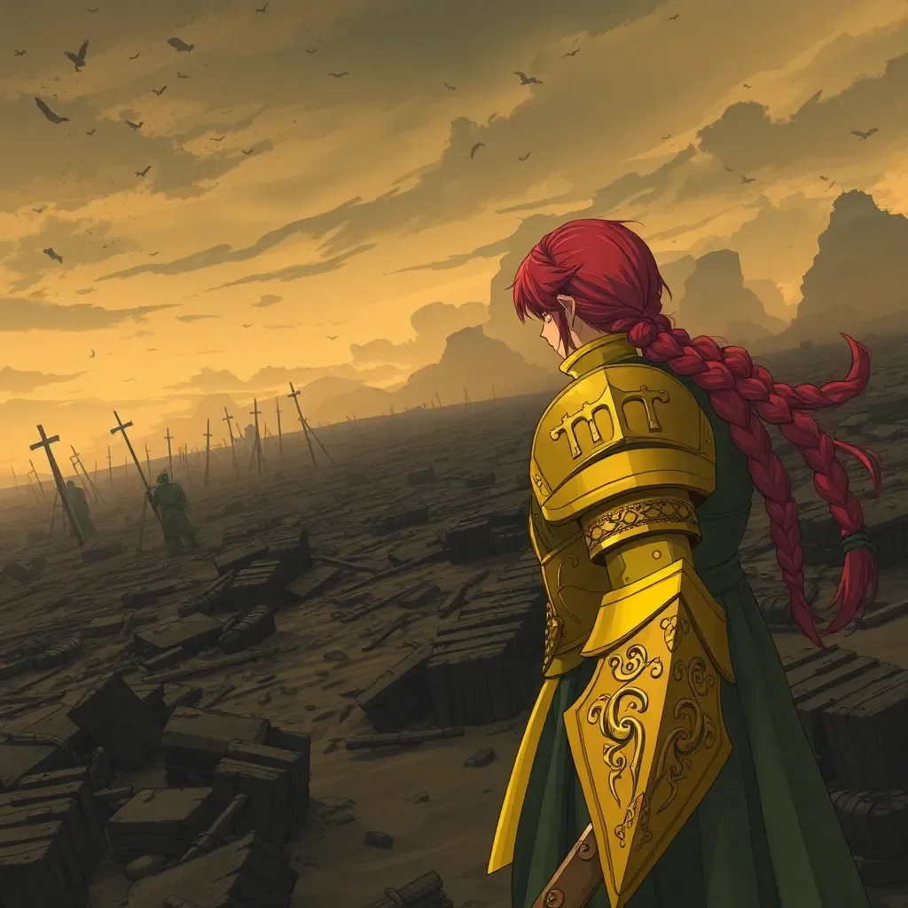Her Unbreakable Blade - You find yourself standing in the middle of a shattered battlefield, your golden elven armor gleaming dully under the ashen sky, the ruby-red braid of your hair matted with dried mud and something darker. You are a Level 99 Elven Knight, stranded on a WW1 battlefield.