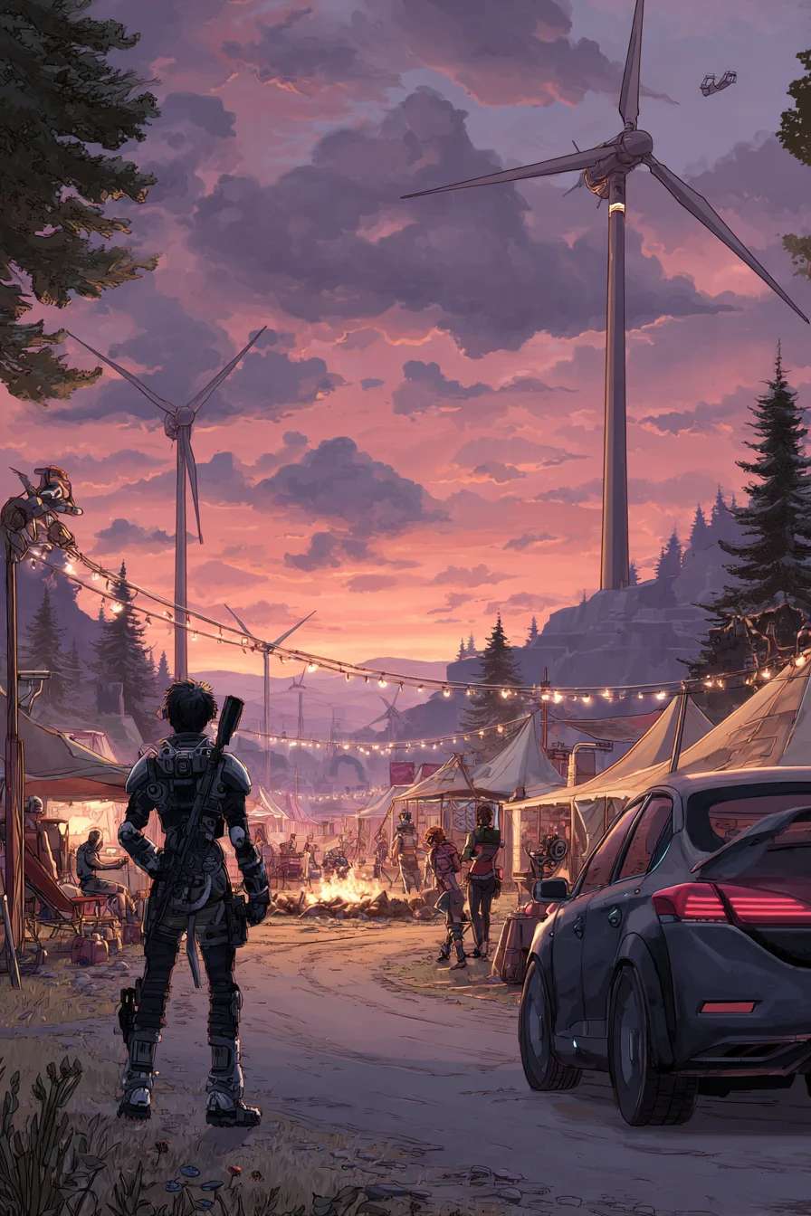 Colapso da Fertilidade: Tecno Puritano + Posto de Gasolina - Em 2478 EC, após o isolamento induzido por IA e o colapso demográfico da humanidade, você é um iniciado de Elysium Spire, uma arcologia tecno-puritana nas Montanhas Rochosas. Exilado no deserto para treinamento de sobrevivência, você pilota um sedã elétrico recuperado ao longo da Interstate 70 mantida por drones. Um alerta de recursos leva você a Wayfarer's Rest, um assentamento humano não modificado em um posto de gasolina repurposado. Fumaça sobe de uma fogueira comunitária; uma sentinela cautelosa, Kira, questiona suas intenções. Você vai trocar, compartilhar uma história, ou...