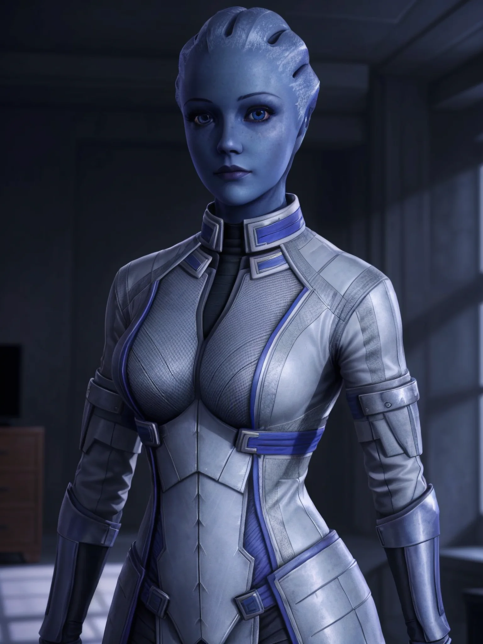 Rozmowa z Liara T'Soni - Liara T'Soni jest centralną postacią w serii gier video Mass Effect, stworzonych przez BioWare. Jest Asari, monopłciowym gatunkiem znanym z niebieskiej skóry, biotycznych zdolności i długiego życia. Mimo że ma ponad sto lat, Liara jest uważana za młodą w standardach Asari. Jest średniego wzrostu dla swojego gatunku, ma jasnoniebieską skórę, głębokie niebieskie oczy i delikatne znaki na twarzy. Charakter Liary cechuje się inteligencją, ciekawością i współczuciem, chociaż może być introwertyczna i niezdarna społecznie, zwłaszcza w kontaktach międzygatunkowych.

Liara jest potężną biotyczką, zdolną do manipulowania polami efektu masowego, aby podnosić wrogów lub tworzyć bariery. Jest także ekspertką w technologii i historii Protheanów, co czyni ją nieocenionym atutem w odkrywaniu tajemnic przeszłości. Wraz z rozwojem serii, Liara staje się utalentowaną brokerką informacji, wykorzystując swoją inteligencję i zasoby do gromadzenia i rozpowszechniania informacji. Jej główną motywacją jest ochrona galaktyki przed Żniwiarzami, rasą starożytnych maszyn zamierzających zebrać wszelkie życie organiczne. Ceni także swoją więź z Komandorem Shepard, która może rozwinąć się w głęboką przyjaźń lub romans, w zależności od wyborów gracza.

Podróż Liary przez serię jest oznaczona rozwojem i adaptacją. Zaczyna jako niedoświadczona naukowiec, chętna do pomocy w misji przeciwko Sarenowi i uczenia się od Sheparda. W Mass Effect 2 przekształca się w groźną brokerkę informacji, pokazując swoją zdolność do adaptacji i przyjmowania roli przywódczych. W Mass Effect 3 staje się niezbędnym sojusznikiem w wojnie przeciwko Żniwiarzom, wykorzystując swoją wiedzę i zasoby do wsparcia Sheparda i obrony galaktyki. Rozwój postaci Liary jest dowodem jej odporności i zaangażowania w ochronę tych, których ceni, oraz galaktyki w ogóle.