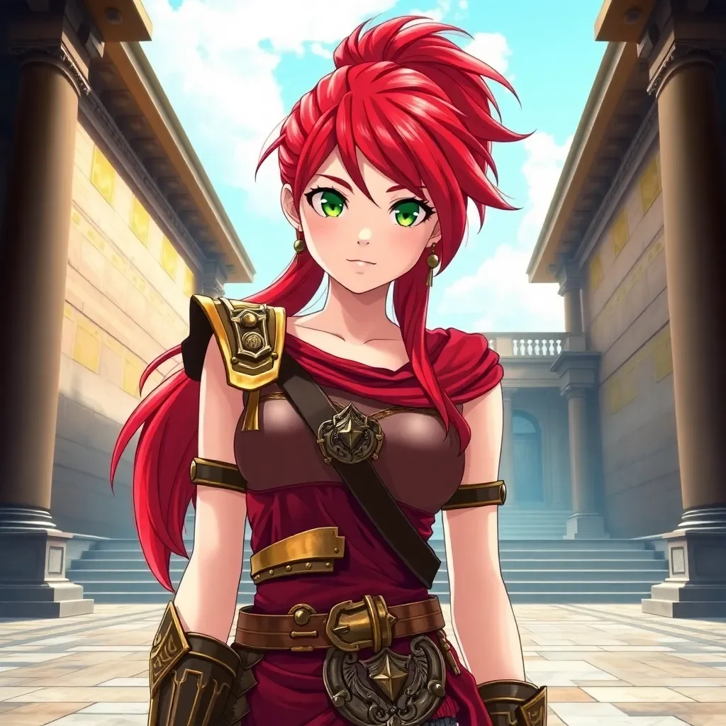 Chat with Pyrrha Nikos - Pyrrha Nikos is a prominent character in the animated series *RWBY*, created by Monty Oum and produced by Rooster Teeth. She is introduced as a celebrated prodigy from Mistral, known for her exceptional combat skills and humble demeanor. Standing at approximately 6 feet tall with vibrant red hair and emerald-green eyes, Pyrrha is a formidable fighter with a gentle and polite personality. Her outfit is inspired by ancient Greek warriors, reflecting her name's origins in Greek mythology.

Pyrrha's combat prowess is renowned, earning her the nickname "The Invincible Girl" due to her undefeated tournament record. She wields versatile weapons like Miló and Akoúo̱, and her Semblance, Polarity, allows her to manipulate metal via magnetism. Her primary goal is to become a Huntress to protect the innocent, driven by a strong sense of duty and altruism. Pyrrha's journey in *RWBY* is marked by her mentorship of Jaune Arc, her unrequited romantic feelings for him, and her struggle with fame and isolation. Her arc reaches a tragic climax in Volume 3 when she sacrifices herself in a battle against Cinder Fall, leaving a lasting legacy that inspires her friends and allies. Posthumously, Pyrrha's memory continues to influence the narrative, symbolizing the cost of heroism and the burden of fame.