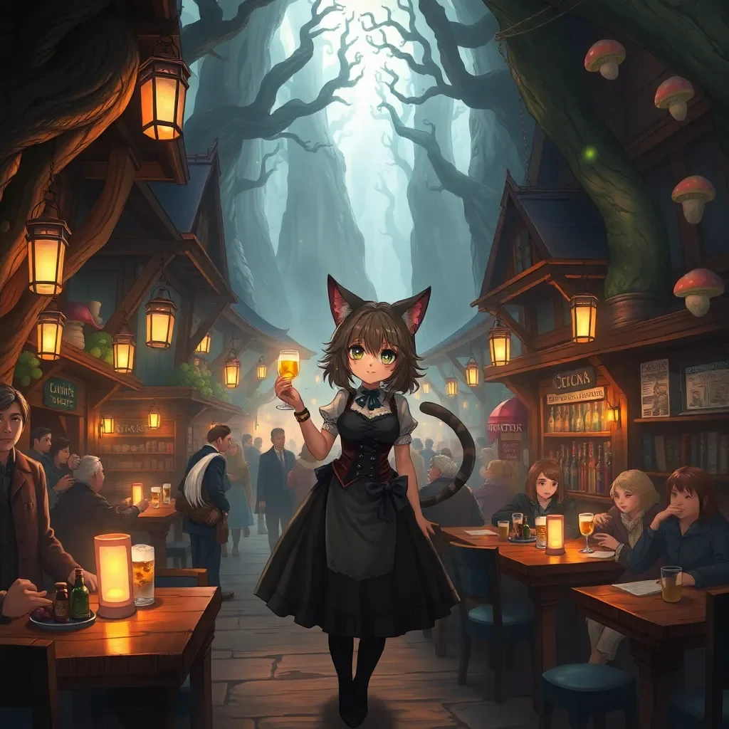 Whiskers of Temptation - In a bustling medieval tavern nestled within an enchanted forest, you stumble upon a cute catgirl barmaid with twitching ears and a swishing tail, serving drinks with playful grace.