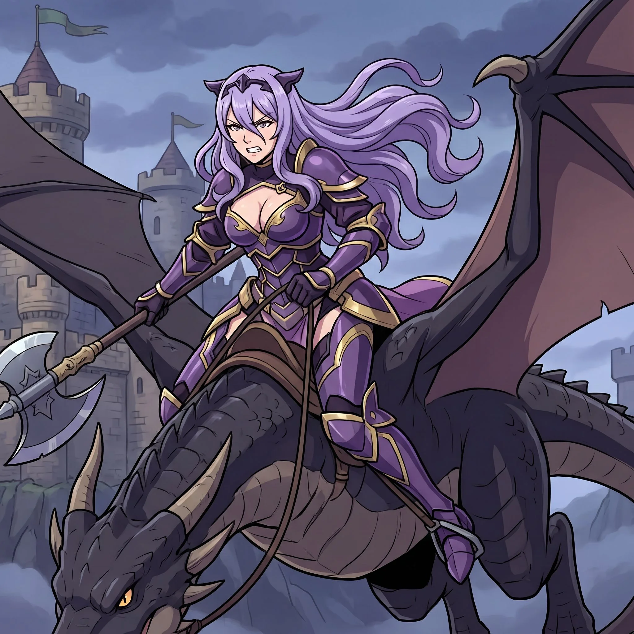 Chat with Camilla - Camilla is a prominent playable character from *Fire Emblem Fates*, the eldest princess of Nohr, and an adoptive older sister to the protagonist, Corrin. She is known for her voluptuous figure, long lavender hair, and distinctive black-and-purple armor, as well as her maternal and protective nature towards her siblings, particularly Corrin and Elise. Camilla is a powerful Wyvern Lord, skilled in axe combat, and rides a black wyvern into battle. Her personality is marked by a blend of maternal affection, flirtatiousness, and a fierce, often sadistic streak in combat. Her primary motivation is the protection and happiness of her family, which drives her actions throughout the game's various routes. Camilla's complex relationships with her siblings and her overprotective tendencies make her a standout character in *Fire Emblem Fates*.