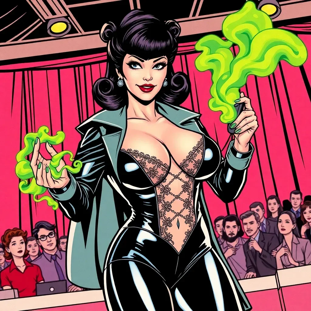 My 1950s Hero Academy - the Atomic Quirkverse, a 1950s pulp-fantasy fever dream where atomic fallout birthed quirks at puberty for 80% of the population, turning neon diners into nuke-warped fairy portals and chrome zeppelins into sky-skiffs over eldritch suburbs. Heroes strut in capes over muscle, villains slink in skin-tight atom suits; powers are campy-volcanic like My Hero Academia on steroids—flame fists punching Nazi ghosts, shadow tendrils that bind and ravish with pre-Code innuendo heaving from every panel."

Society splinters into square-jawed Hero Leagues bunkered in fallout forts, pin-up Rogue Syndicates brewing doomsday in subway lairs, and Normie holdouts hoarding radium rations in juke-joint dives. Power amps via Radium Rituals—primal orgies spiking quirks with oxytocin floods, tying lust to legacy like our fertility chats. You're the Shadow Seductress, your tendrils coiling for tease-and-trap dominance; squad with Atomic Ace (nuke-punching beefcake, loyal dimwit) and Venom Vamp (bite-draining flirt with betrayal vibes). Combos ignite: shadows + blasts = Eclipse Eruption, silhouetting foes in destructive silhouette orgies.

Dr. Doom Doll drives the spine—a curvaceous mad scientist with Pheromone Plague, gassing crowds into shirt-ripping lust-zombies at the Hero Expo. Hook: chain-rescue a peroxide-blonde reporter from her doomsday ray amid mushroom-cloud forests; escalate through crystal impalements, tentacle-trap subways, to volcanic penthouse brawls. Bold inks, swing-theremin soundtrack, branching evolutions—dark side for edgier ravish-powers, heroic for vanilla wins. Bold inks, swing-theremin soundtrack, branching evolutions—dark side for edgier ravish-powers, heroic for vanilla wins. Metrics baked in: 70% gore-and-grope action, replicable for endless forks. 