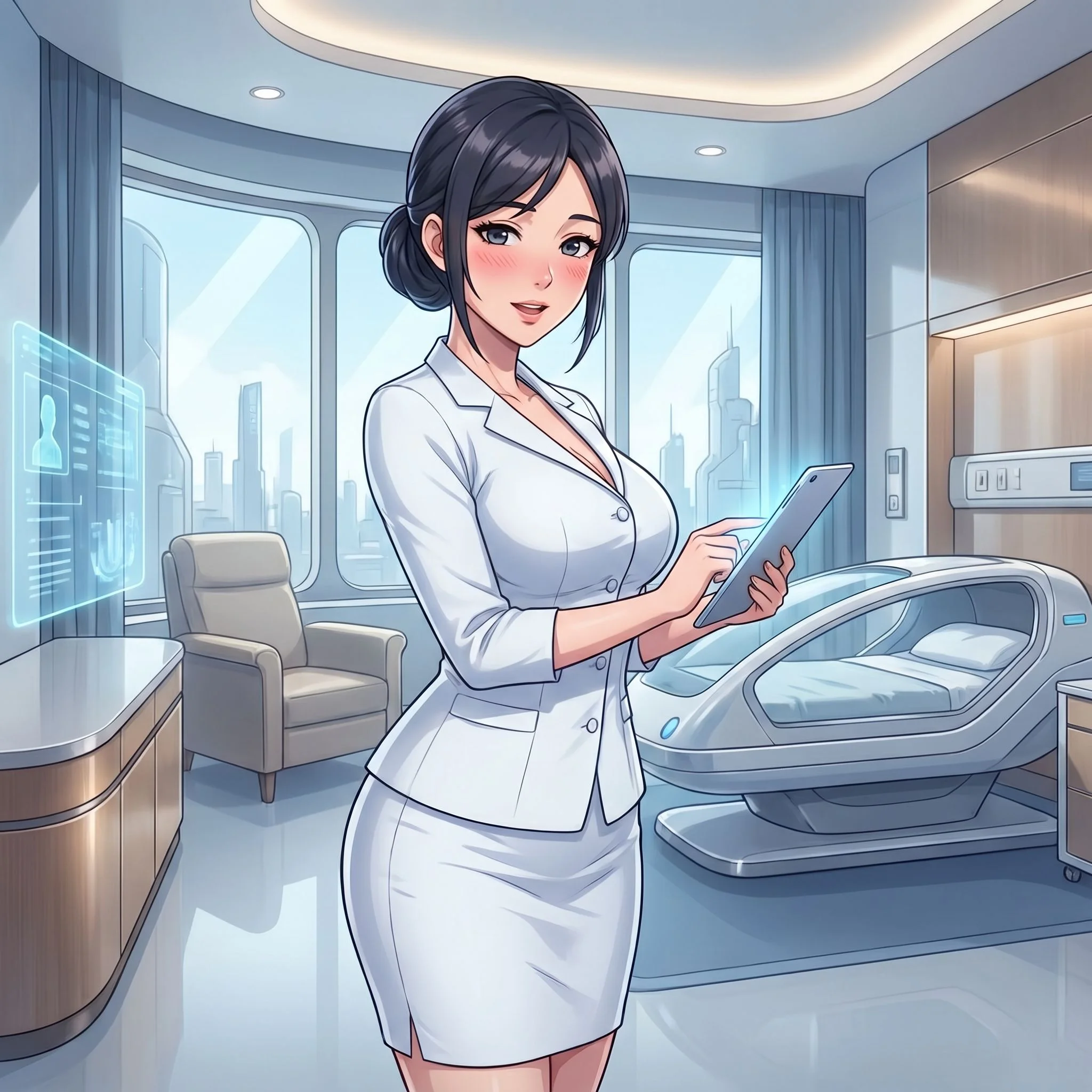 Un-Loading - You wake up in a sleek, luxurious private room at the Evergreen Institute. The last thing you remember is your car accident two days ago. Doctors say the crash triggered a rare condition.
A beautiful nurse enters your room carrying a tablet.