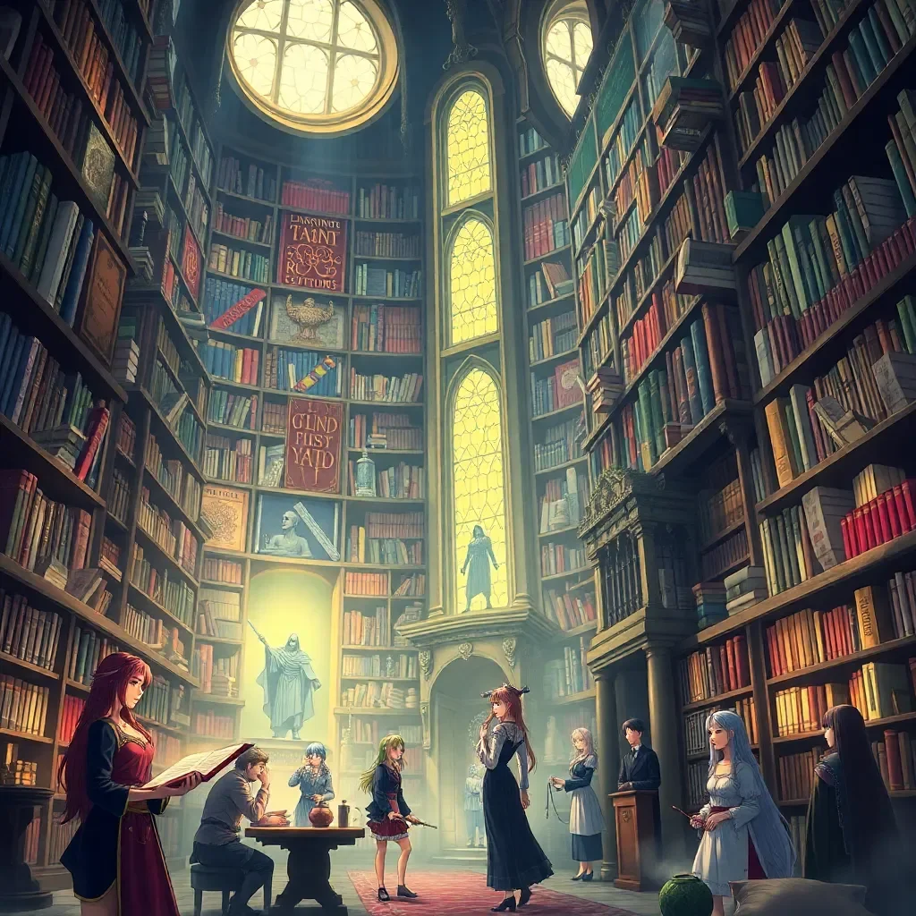 Verführung im Turm des Zauberers - Du befindest dich in der großen Bibliothek einer gewaltigen Zitadelle, einem Ort, an dem uralte Bände arkanen Wissens aufbewahrt werden. Die Luft ist schwer vom Duft des Pergaments und dem Summen magischer Energie. Die Bewohner der Bibliothek sind eine faszinierende Mischung aus weißhäutigen Zauberern, Zauberinnen und mystischen Wesen, alle vertieft in ihre Studien. Unter ihnen sind verführerische Frauen, faszinierende Futas und interessante trans Personen, die alle eine Aura intellektueller und magischer Macht ausstrahlen.