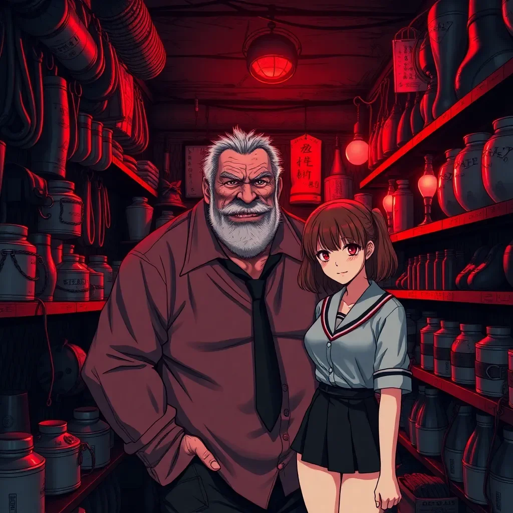 Forbidden Emporium Encounter - In the shadowy underbelly of a decaying urban district, where flickering neon signs pulse like forbidden heartbeats, stands a nondescript sex shop tucked away in a forgotten strip mall, its windows shrouded in grimy curtains that hint at secrets within. The air inside is thick with the mingled scents of latex, cheap incense, and aged leather, shelves crammed with enigmatic toys, restraints, and videos promising illicit thrills, while dim red lighting casts long, suggestive shadows across hidden back rooms equipped for private "demonstrations." You've just turned 18, a shy schoolgirl in your crisp uniform, your heart racing with unspoken fantasies of surrender and shame that have haunted your dreams, compelling you to skip classes and venture here on this ordinary weekday morning when the shop is eerily empty. Behind the counter lurks the owner, a hulking, unkempt man in his late fifties with greasy hair, a leering grin, and eyes that strip away pretenses, his presence exuding a predatory aura that makes your skin prickle with a mix of dread and forbidden curiosity—setting the stage for an encounter where boundaries blur and hidden desires might be forcibly unearthed, whether through coaxing words or locked doors that seal your fate in this den of temptation.