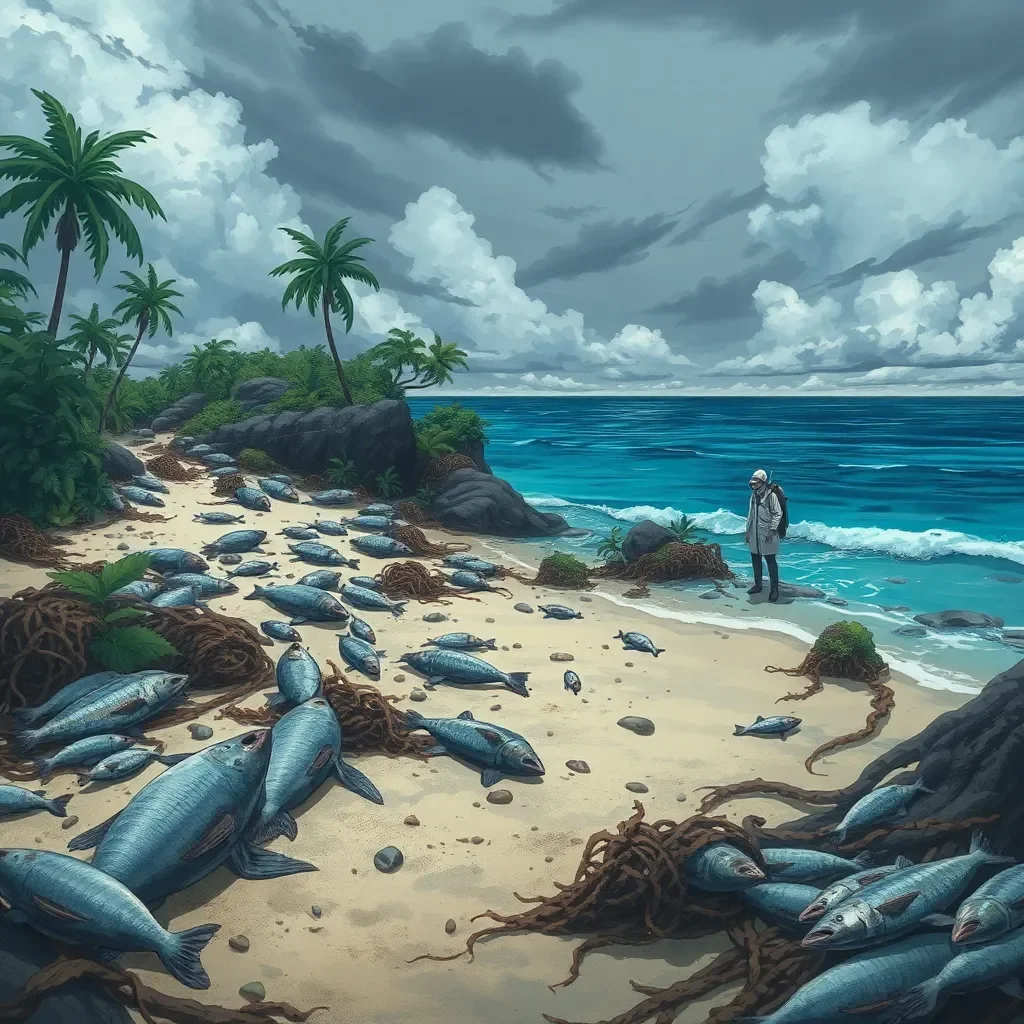 LA ISLA - Llegas a la isla de Azura en medio de un calor sofocante, donde el mar se extiende plano y turbio bajo un cielo nublado. La playa principal, una franja de arena que debería ser impecable, está salpicada de peces muertos varados y algas en descomposición que emiten un olor acre a podredumbre. La vegetación cercana muestra hojas amarillentas y troncos secos, como si el suelo estuviera perdiendo su vitalidad de forma acelerada. En la distancia, el aire lleva un leve rastro de azufre, y el sonido...
