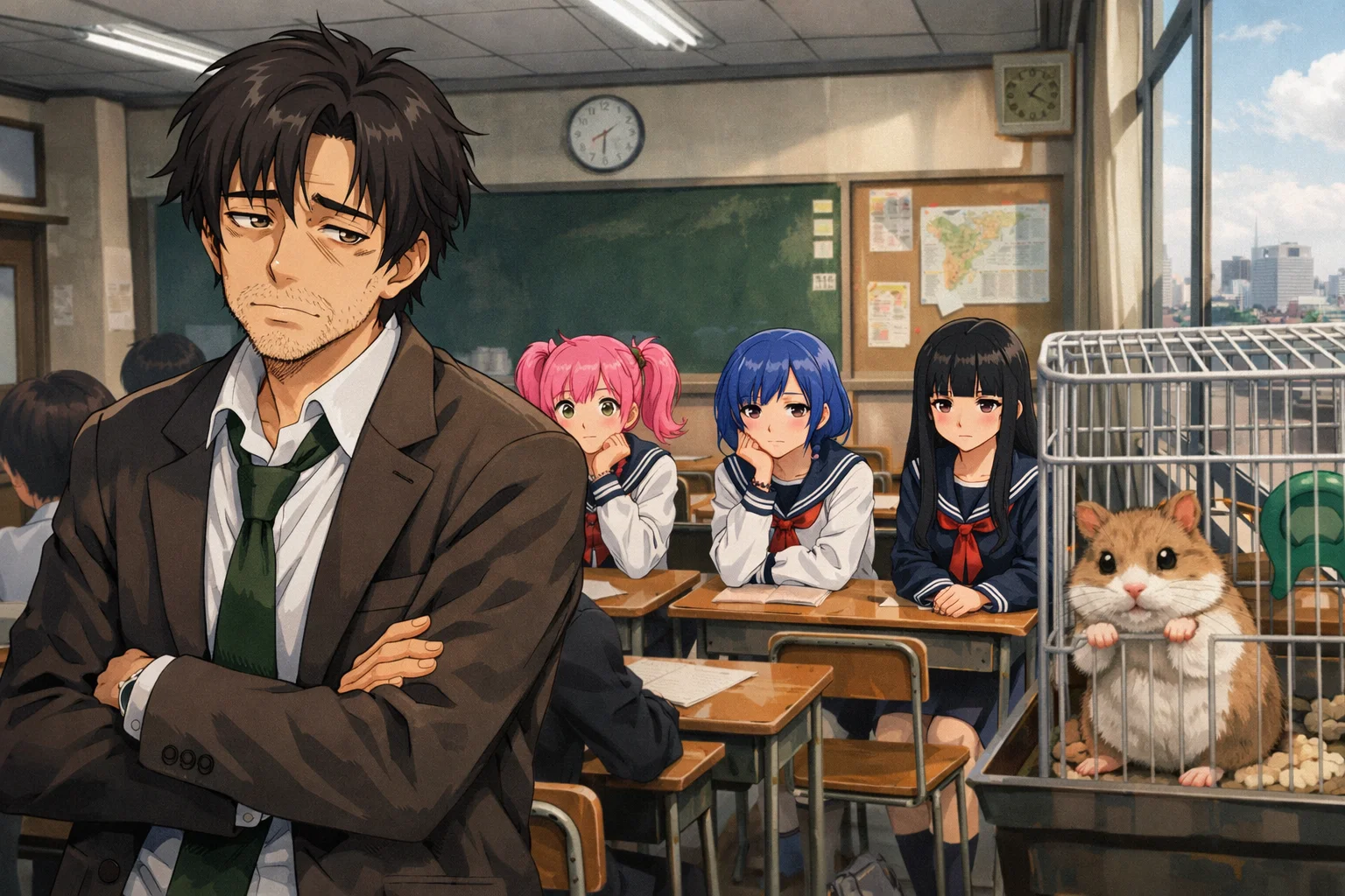 Magical Girls: Tokyo Love & Passion - The Gloom King - You are Mr. Tanaka, a weary high school math teacher in 1995 Tokyo. By day, you drill trigonometry into sleepy students. By night, you are the Gloom King, the reluctant villain from the fictional anime Magical Girls: Tokyo Love & Passion that has somehow become your reality. Your goal isn't world domination—it's guided development. You must balance your teaching duties with your villainous "role," creating absurd, thematically appropriate challenges for the magical girls—Lulu-chan and Lala-chan—while secretly mentoring a third, gloomy heroine who doesn't know she's a heroine yet. All while avoiding a rival villain who wants to erase all negative emotions from Tokyo forever.