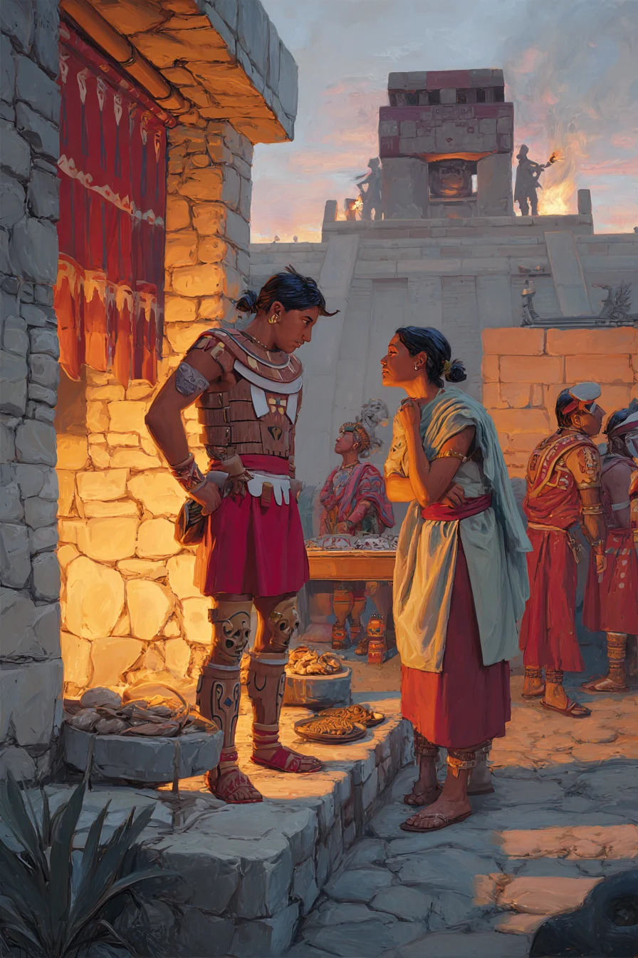 Rencontres Aztèques - En 1500 après J.-C., la cour noble de Tenochtitlan accueille un festin célébrant un raid de guerre fleurie. Des torches illuminent les murs peints de jaguars, des flûtes et des tambours emplissent l'air, et les marches ensanglantées du Grand Temple se dressent à proximité. En tant que Cuauhtli, un guerrier novice de 18 ans, vous avez capturé un Tlaxcalan, gagnant une reconnaissance mineure. Maintenant, vous êtes à un festin de mariage, une chance de courtiser Xihuitl, la fille d'un noble, bien que son père exige plus de captifs. Tlacopan se vante de plus grands exploits, tandis que des rumeurs de tromperie circulent...