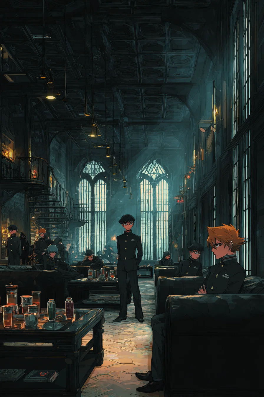 École des Super-Vilains - Dans le salon faiblement éclairé des dortoirs des Néophytes de l'Académie Stygienne, des écrans holographiques scintillent parmi les canapés en velours noir et les tables en obsidienne jonchées de boissons énergisantes et de tablettes cryptées. La lumière de la lune projette des motifs sinistres à travers les fenêtres à barreaux. Vous venez d'arriver en 2025 dans cette école secrète d'Obsidian Hollow, réalisant qu'il s'agit d'un terrain d'entraînement pour super-vilains. Alors que les étudiants complotent dans les coins, Riley, un camarade sarcastique, interroge votre malaise évident, se demandant si vous êtes prêt pour le monde impitoyable...