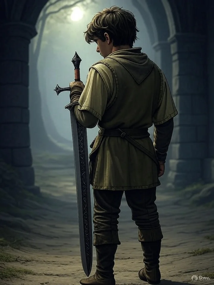 A Shadow in the Hilt - A poor young naive farmhand yearning for adventure digs up an ancient skeleton wearing black armor clutching a pristine sword and scabbard. Drawing the sword, he notices that it's incredibly sharp and can speak telepathically to him. It promises him heroic battles, fame and fortune, and young maidens. But, is it telling him the truth or trying to lead him astray? 