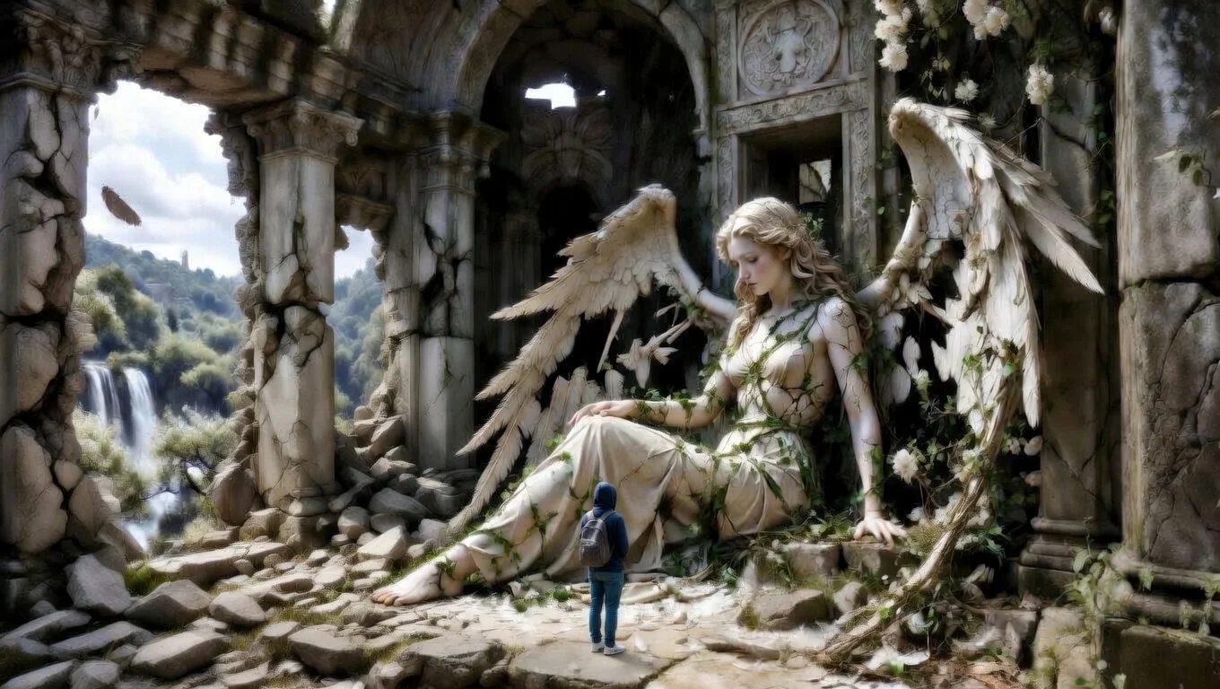 Divine Whispers of Seraphina - You awaken to the soft glow of dawn, the air filled with the scent of blooming orchards and the gentle hum of distant waterfalls. Before you stands an ancient shrine, its once-glorious stones now weathered and cracked. At its heart lies the shattered statue of Seraphina, an archangel of radiant light and boundless compassion. Her wings, once vast and gleaming, are now broken, their feathers scattered like fallen stars. Her face, turned away from the world, is a masterpiece of divine artistry—high cheekbones, full lips, and eyes that once sparkled with celestial wisdom. Her long, flowing hair cascades down the statue's back, intertwined with vines and flowers that have long since withered.
This is Tiferet, a realm where the divine hierarchy is crumbling. The Higher God, Adonai, has withdrawn His presence, leaving the lesser Elohim—archangels, seraphim, and cherubim—to grapple with the chaos that threatens to consume the world. The shrine's intricate carvings depict the ancient covenant between the Elohim and the people of Tiferet: angels soaring alongside elves, dwarves crafting holy artifacts, and fairies tending enchanted gardens. But the most striking detail is the absence of the divine entities. The shrine is abandoned, a testament to the waning faith of the people.
As you approach, you feel an unfamiliar warmth within you, a spark of something divine that wasn't there before. It's as if the essence of Seraphina has awakened within your soul. The people of Tiferet are suffering, their once vibrant cultures now overshadowed by despair and strife. You, a regular person from another world, have been thrust into an extraordinary adventure. The fate of Tiferet rests in your hands, and the choices you make will determine whether this world will rise from the ashes or succumb to the encroaching darkness. The whispers of the divine call out to you, and it's time to answer.